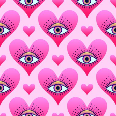 Pembe gradyan kalpler içinde mistik gözleri olan kusursuz desen, eşsiz tasarım projeleri için boho ve sürreal elementleri birleştiriyor..