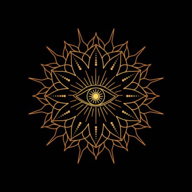Geometrik mandala, merkezinde her şeyi gören bir göz ile, garip desenlerle çevrili, maneviyatı ve aydınlanmayı simgeliyor..