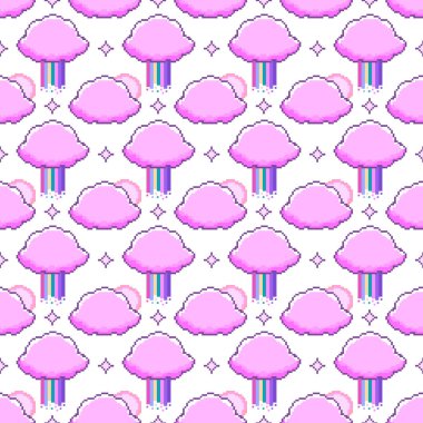 Pikseli kusursuz desen, bulutlu gökkuşağı ve beyaz arka planda güneşler..