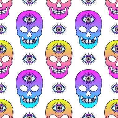 Kusursuz desenli, neon renkli kafatasları ve üçüncü bir gözü var. Psikedelik pop sanat tarzında stilize edilmiş..