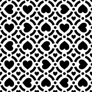 Geometrik kafes dizaynında koyu siyah kalpler ve daha küçük kalp aksanlarıyla tek renkli, pürüzsüz desen..