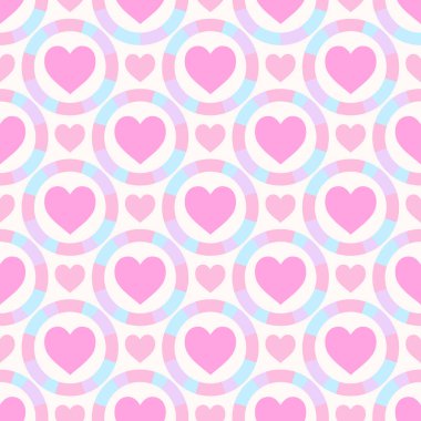 Renkli pastel halkaların içinde, yumuşak kremalı arka planda pembe kalplerle kusursuz bir desen..