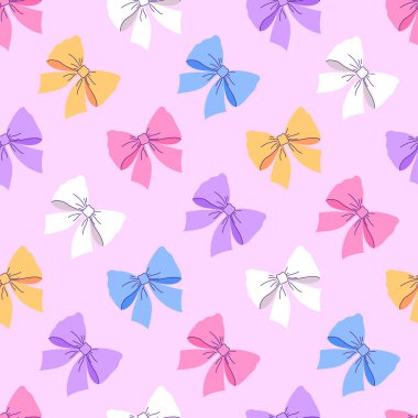 Yumuşak pastel bir arka planda pembe fiyonklu kusursuz desen, neşeli ve kadınsı..