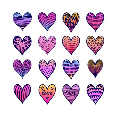 Beyaz arkaplanda karalama tarzında el çizimi gradyan kalpler koleksiyonu.