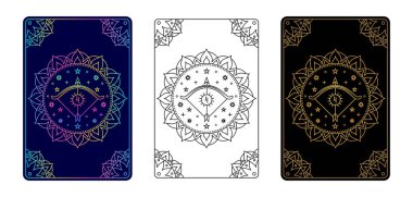 Üzerinde Yay burcu işareti olan Tarot kartı. Basit satır sanatı tarzı.