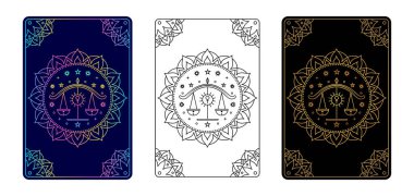 Farklı tasarım varyasyonlarında Terazi burcu işareti olan Tarot kartı.