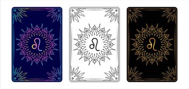 Üzerinde Leo Zodiac işareti olan Tarot kartı. Basit satır sanatı tarzı.