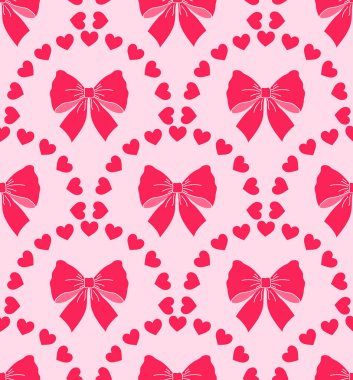 Kırmızı fiyonklu pürüzsüz desen ve pembe arka planda kalpler
