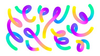 Beyaz bir zemin üzerinde renkli eğimli şekiller ve girdaplar, soyut ve oyuncu bir tasarım oluşturur..