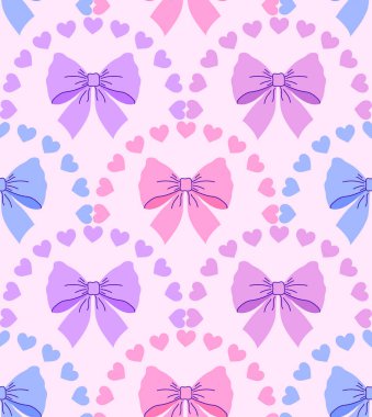 Renkli yayları ve pembe arka planda kalpleri olan kusursuz bir desen.