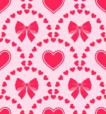 Kırmızı fiyonklu pürüzsüz desen ve pembe arka planda kalpler