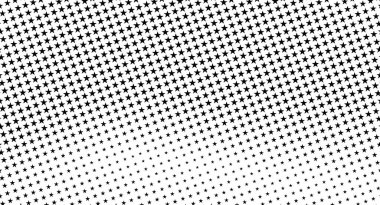 Beyaz arkaplandaki siyah yıldız deseni çapraz yönde büyük yıldızlardan küçük yıldızlara doğru kayboluyor. Soyut arkaplan.