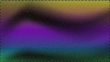 Koyu bir arka planda, sarı renkten mor renge canlı bir gradyanı olan bir yarım ton deseni..