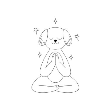 Tatlı köpek meditasyon pozunda, gözleri kapalı ve ön pençeleri beyaz arka planda bir Namaste jesti ile birbirine bastırılmış..