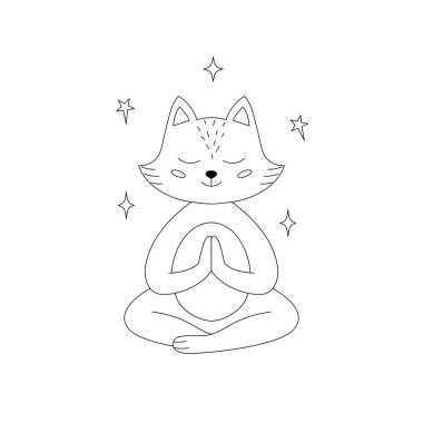 Tilki meditasyon pozunda gözleri kapalı ve ön pençeleri beyaz arka planda çapraz.