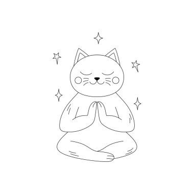 Gözleri kapalı ve beyaz arka planda yıldızlarla çevrili meditasyon pozunda oturan kedi..