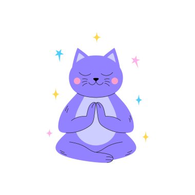 Mor kedi, beyaz arka planda gözleri kapalı ve renkli yıldızlarla çevrili meditasyon pozunda oturuyor..