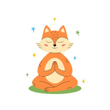 Huzurlu tilki yoga pozisyonunda meditasyon yapıyor. Gözleri kapalı, elleri dua pozisyonunda..