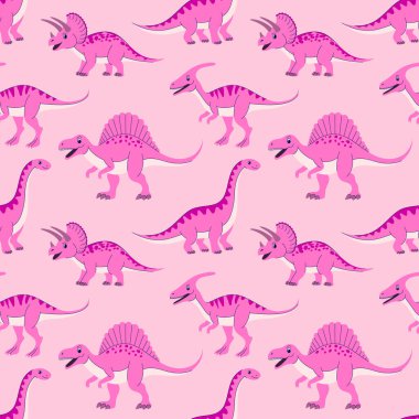 Açık pembe arka planda kusursuz pembe dinozor deseni.