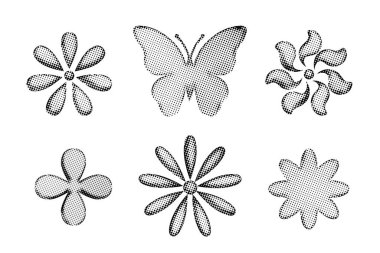 Yarı ton elementler - beyaz arkaplanda farklı çiçekler ve kelebekler.