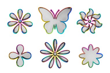 Yarı ton elementler - beyaz arkaplanda farklı çiçekler ve kelebekler.