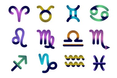 Beyaz bir arkaplanda desenli burç işaretleri.