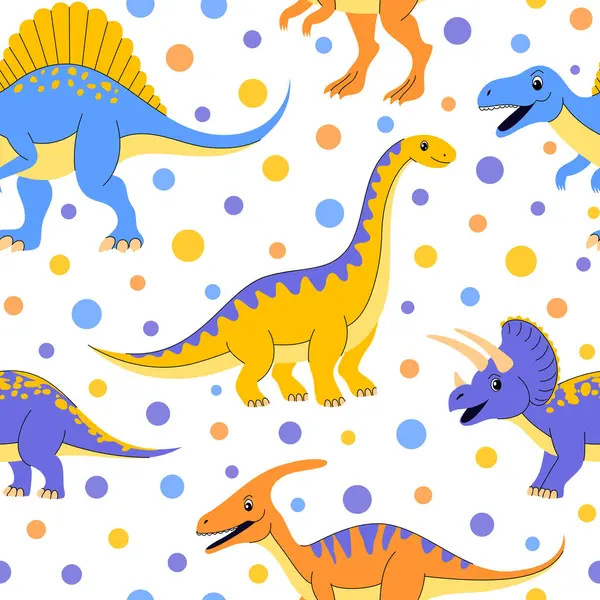 Dinozorların kusursuz deseni ve beyaz arka planda renkli noktalar..