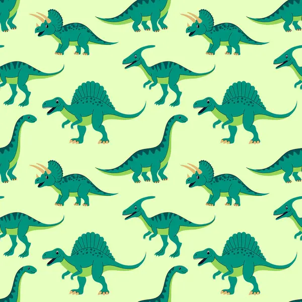 Açık yeşil arka planda yeşil dinozorların kusursuz deseni.