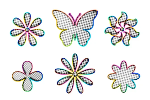 Yarı ton elementler - beyaz arkaplanda farklı çiçekler ve kelebekler.