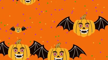  Cadılar Bayramı arka planında uçan balkabakları ve turuncu arka planda renkli konfetileri olan.