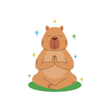 Capybara, beyaz bir arka planda gözleri kapalı ve renkli yıldızlarla çevrili meditasyon pozisyonunda..
