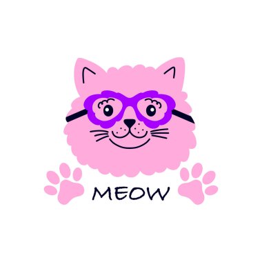 Beyaz arka planda gözlük takan sevimli bir kedi..