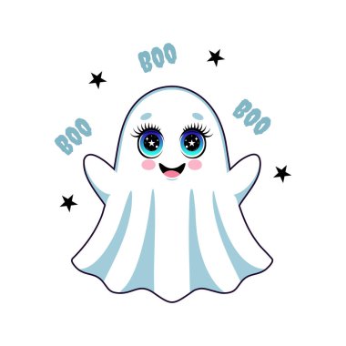 Işıl ışıl mavi gözleri, pembe yanakları ve yıldızlı BOO metni olan büyüleyici beyaz bir Kawaii hayaleti. Cadılar Bayramı tasarımları için mükemmel..