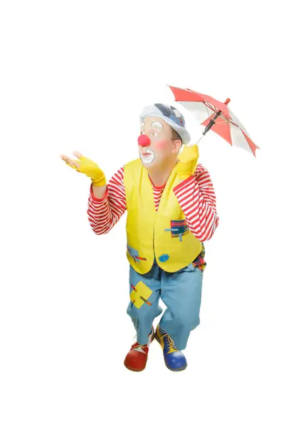 Een Grappige Clown Met Lachende Blije Uitdrukking Geïsoleerd Witte Achtergrond Rechtenvrije Stockafbeeldingen