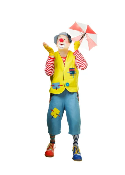 Een Grappige Clown Met Lachende Blije Uitdrukking Geïsoleerd Witte Achtergrond Stockfoto