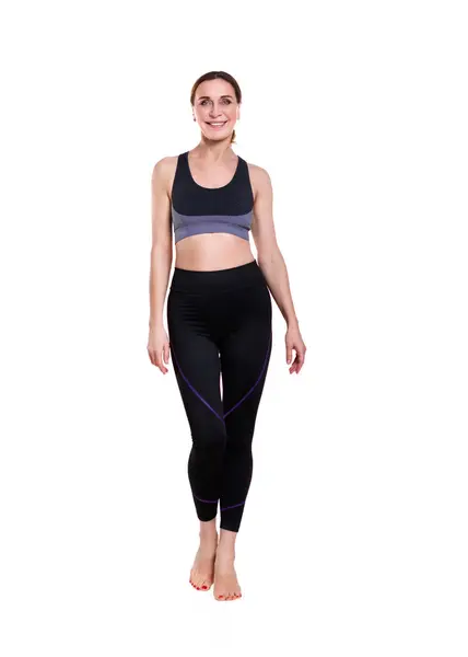 Fitnessstudio Fitness Lächelnde Erwachsene Frau Isoliert Auf Weißem Hintergrund Stockbild