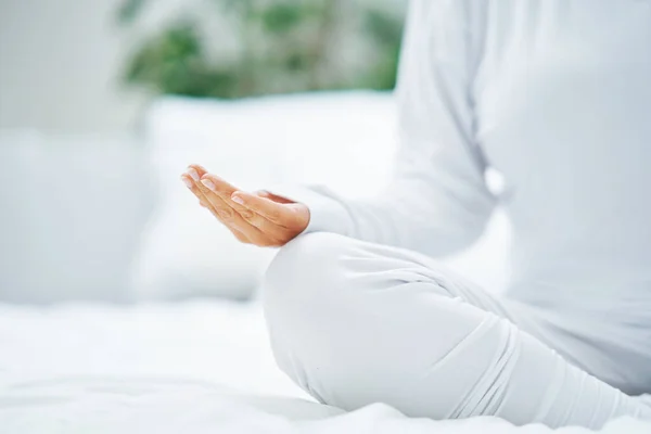 Nice Female Bed Relaxing Doing Yoga High Quality Photo — Stock Photo, Image