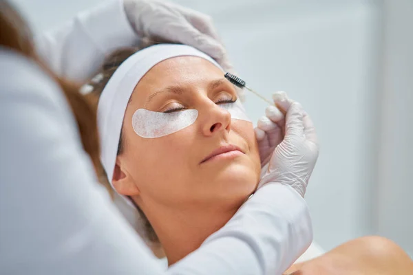 Woman Having Cosmetology Eyebrows Treatment Beauty Salon High Quality Photo — Fotografia de Stock