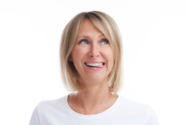 Picture of blonde woman over back isolated background. High quality photo