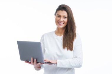 Isolated picture of brunette woman on white background. High quality photo