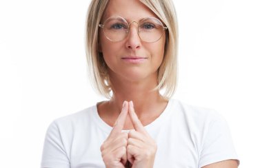 Picture of blonde woman over back isolated background. High quality photo