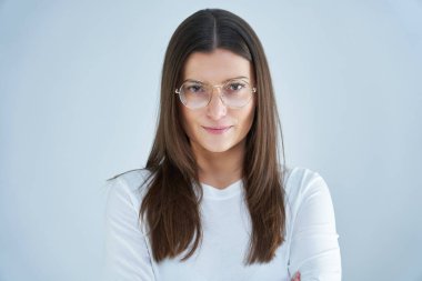 Isolated picture of brunette woman on white background. High quality photo