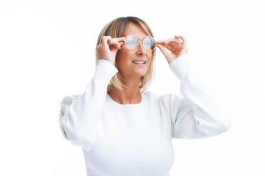 Picture of blonde woman isolated over white background. High quality photo