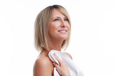 Portrait of nice blonde woman in beauty concept. High quality photo