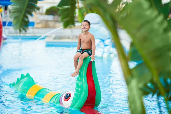 Picture Young Boy Playing Outdoor Aqua Park High Quality Photo — Stock Photo, Image