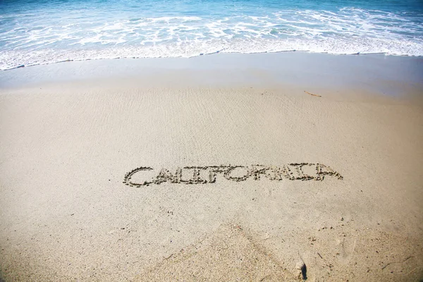 California Written Sand Beach Message Handwritten Smooth Sand Beach — Stockfoto