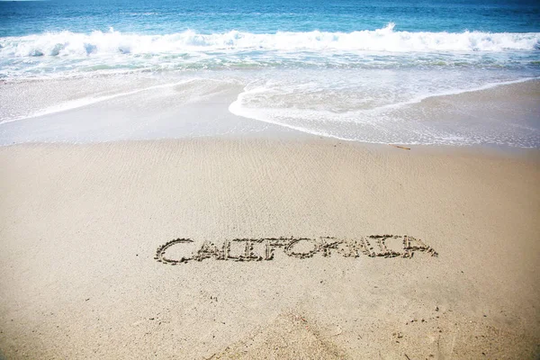 California Written Sand Beach Message Handwritten Smooth Sand Beach — Fotografia de Stock