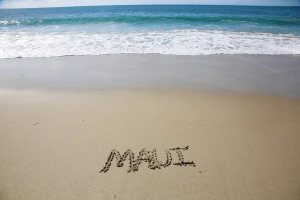 Maui Written Sand Beach Message Handwritten Smooth Sand Beach — Stok fotoğraf