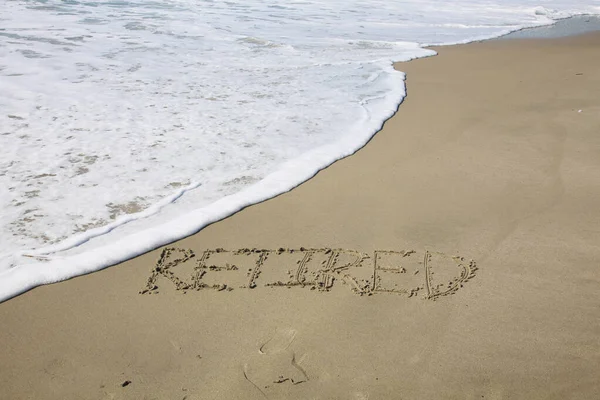 Retired Written Sand Beach Message Handwritten Smooth Sand Beach — Foto de Stock