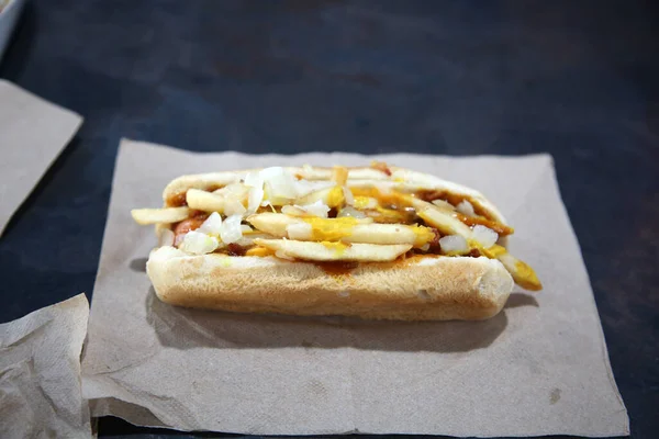 Hot Dog Grilled World Famous Original Hot Dog Topped French — Stock Photo, Image